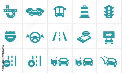 Collection of flat turquoise icons for road and traffic: highway, cars, bus, traffic cone, traffic light, road signs, car accident, and bad weather.