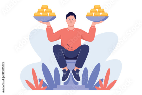 A cartoon man sitting on a scale holding two trays of gold bars, symbolizing wealth and balance in a playful illustration.