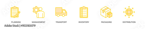 Logistics Lineal Yellow Icon Set For Web Banner. Vector Illustration Concept With Some Icons. Designed In Lineal Yellow Style