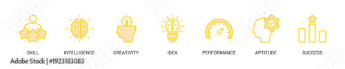 Talent Management Lineal Yellow Icon Set For Web Banner. Vector Illustration Concept With Some Icons. Designed In Lineal Yellow Style