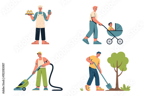 A cartoon illustration of various men engaging in everyday activities such as cooking, parenting, cleaning, and gardening.