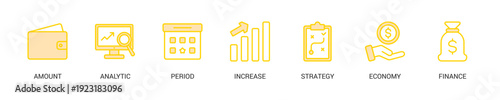 Sales Growth Lineal Yellow Icon Set For Web Banner. Vector Illustration Concept With Some Icons. Designed In Lineal Yellow Style