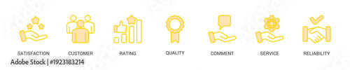 Feedback Lineal Yellow Icon Set For Web Banner. Vector Illustration Concept With Some Icons. Designed In Lineal Yellow Style