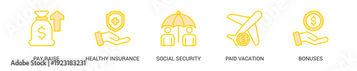Employee Benefit Lineal Yellow Icon Set For Web Banner. Vector Illustration Concept With Some Icons. Designed In Lineal Yellow Style