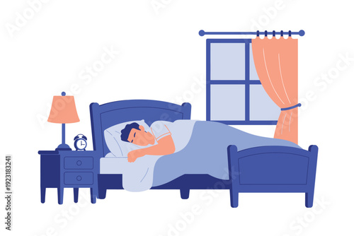 A man sleeping peacefully in a blue bed with a nightstand and lamp beside him