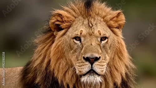 Male lion face portrait with dense mane looking directly forward