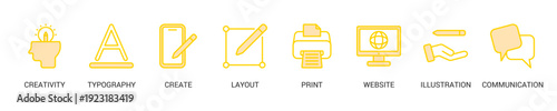 Graphic Design Lineal Yellow Icon Set For Web Banner. Vector Illustration Concept With Some Icons. Designed In Lineal Yellow Style