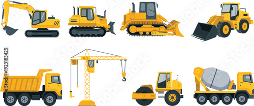 Heavy construction machinery set including excavator, bulldozer, loader, crane, dump truck, road roller and concrete mixer vector illustration