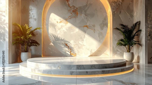 Luxurious interior with marble podium, gold accents, and potted plants, lit by sunlight