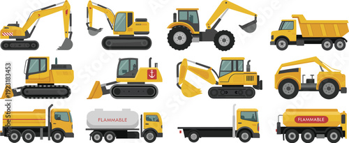 Heavy construction machinery set with excavators, bulldozers, loader, dump trucks and fuel tankers vector illustration collection