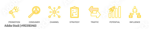 Lead Generation Lineal Yellow Icon Set For Web Banner. Vector Illustration Concept With Some Icons. Designed In Lineal Yellow Style