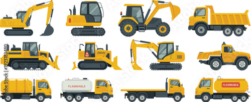 Heavy construction vehicles collection with excavators, bulldozers, loader, dump trucks and fuel tankers, vector illustration set isolated on white background