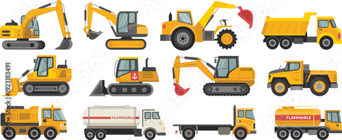 Heavy construction vehicles set with excavator, bulldozer, loader, dump truck and fuel tanker vector illustration collection