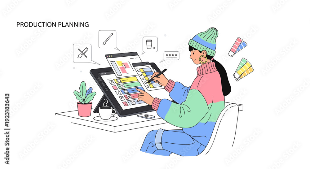 Naklejka premium Creative Designer Planning Project on Tablet, Color Swatches, Coffee Cup