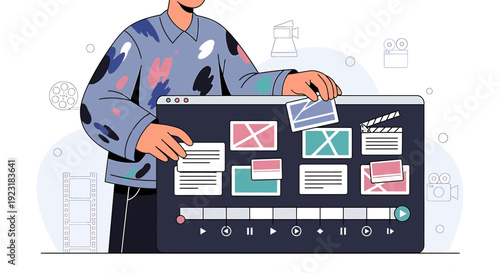 Creative person editing video on timeline interface, storytelling, digital media