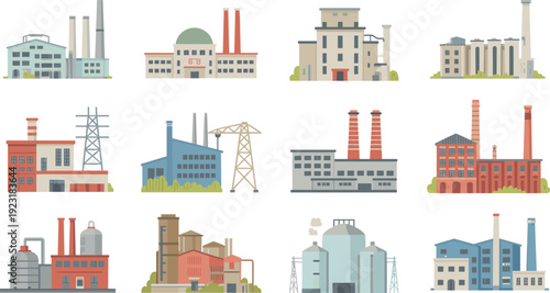 Industrial factory buildings and power plants flat vector illustration collection with manufacturing facilities isolated on white background