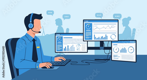Customer service agent with headset at desk with multiple data charts on screens