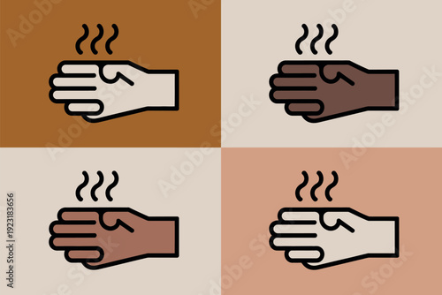 A graphic illustration of four hands of different skin tones warming themselves up
