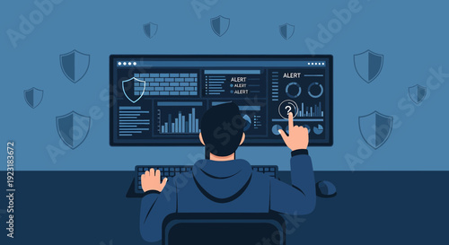 Cyber security analyst monitoring system data on computer screen, data protection concept