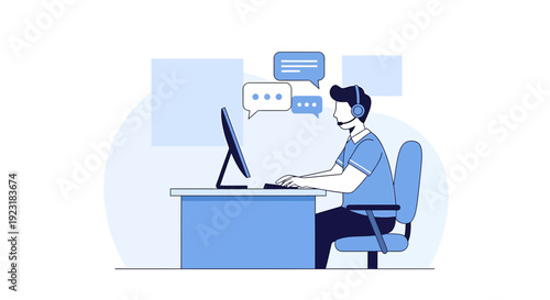 Customer Support Agent with Headset at Desk Using Computer, Communication Concept