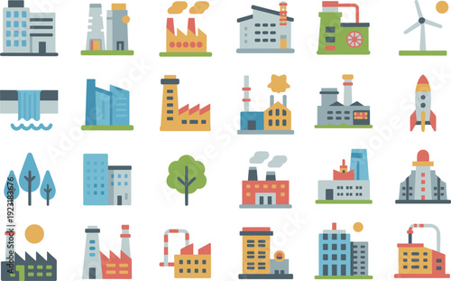 Industrial factory buildings, power plants, wind turbines and urban infrastructure flat vector icon collection set illustration