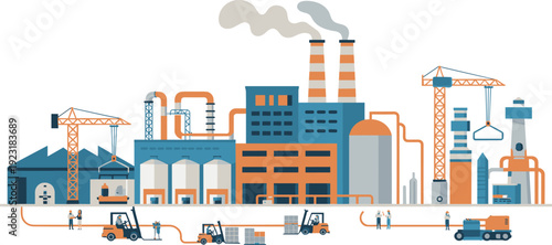 Industrial factory complex with cranes smokestacks pipelines storage tanks and workers flat vector illustration for manufacturing production concept