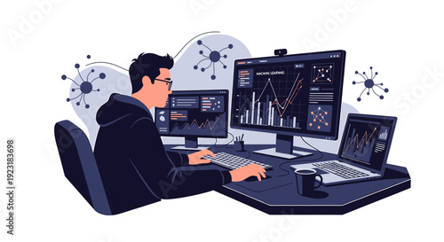 Developer Analyzing Data on Multiple Computer Screens with Charts and Graphs