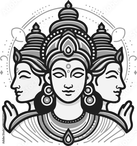 Flat Design Style Emblem of a Crowned Hindu God or Goddess, Isolated on White Background for Clean and Modern Cultural Graphics and Apps 