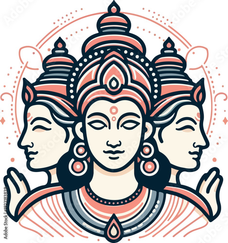 Flat Design Style Emblem of a Crowned Hindu God or Goddess, Isolated on White Background for Clean and Modern Cultural Graphics and Apps.