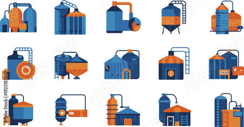 Industrial processing plant equipment icons set with storage tanks, refinery units and chemical factory machinery vector illustration