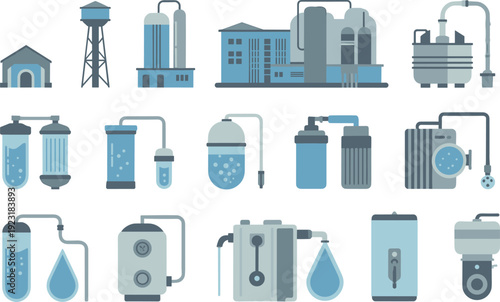 Industrial water treatment plant and filtration equipment vector icon set with purification tanks, pumps, filters, and processing systems