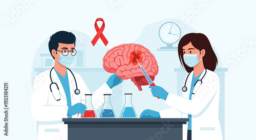 Medical Researchers Investigate Brain Tumor Treatment & Neurological Disease Cure in Lab. Doctors Study Oncology & Neuroscience with Innovative Methods & Disease Awareness.