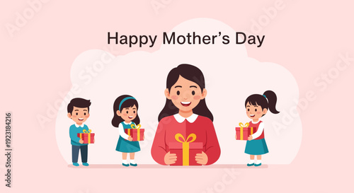 Happy Mother's Day Celebration. Loving illustration of a mother with her children giving gifts, symbolizing family bond, appreciation, and joy.