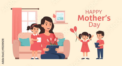 Happy Mother's Day Celebration with Cheerful Children Giving Gifts and Flowers