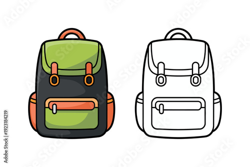 A colorful illustration of two backpacks, one colored and one outlined in black and white, against a clean white background.