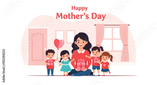 Happy Mother's Day Celebration with Joyful Children Presenting Gifts and Heart Balloon, Flat Vector Illustration