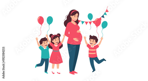 Happy Pregnant Woman and Cheerful Children Celebrating Family Joy, Expecting New Baby, with Balloons & Festive Decor