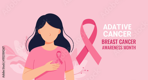Breast Cancer Awareness Month: Woman with Pink Ribbon Symbol for Support, Health, and Early Detection