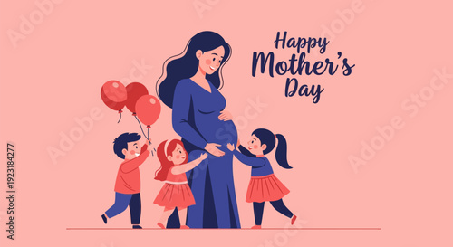 Happy Mother's Day: Pregnant Mother Embraced by Loving Children with Balloons