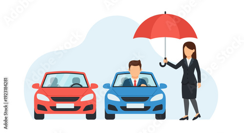Car Insurance Protection Concept: Businesswoman with Umbrella Safeguarding Driver and Vehicle