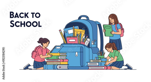 Happy Young Students Packing Backpack with School Supplies, Books, and Stationery for Back to School Season. Education Preparation Concept.