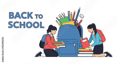 Back to School Illustration with Students Preparing Backpacks and Supplies for New Academic Year