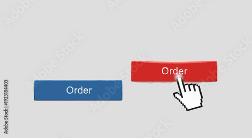 Online purchase concept showing generic red and blue ‘order’ style buttons with cursor hover effect, simple geometric layout, minimal UI illustration, no logos or recognizable platform design.