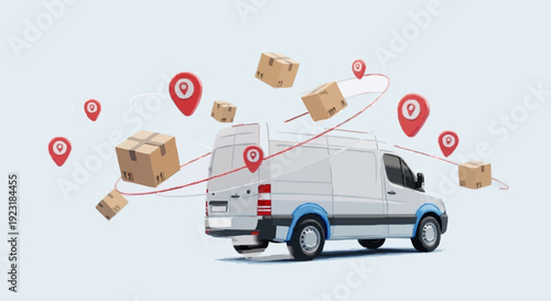 3D vector style illustration of a generic delivery van moving forward with motion trails, parcel boxes orbiting dynamically, floating location pins indicating multiple destinations.
