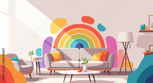 Vector illustration of a cozy generic living room with couch, abstract rainbow-colored wall accents, minimal furniture, clean modern style, bright cheerful lighting, flat design, commercial stock.