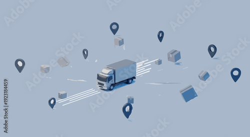 3D rendered logistics icon showing delivery truck connected to several destination pins by curved path lines, packages suspended in motion, smooth gradient background, modern ecommerce delivery.