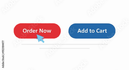 Online purchase concept showing generic red and blue ‘order’ style buttons with cursor hover effect, simple geometric layout, minimal UI illustration, no logos or recognizable platform design.