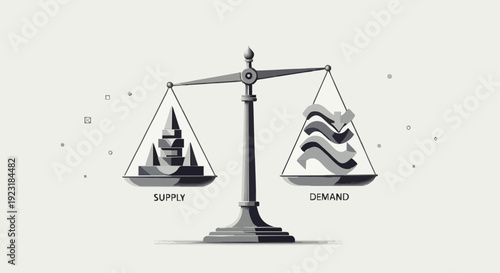 Supply and demand concept illustrated with balanced scale, abstract geometric shapes representing market forces, clean minimal vector style, neutral color palette, modern financial education vector.