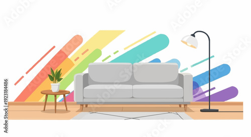 Vector illustration of a cozy generic living room with couch, abstract rainbow-colored wall accents, minimal furniture, clean modern style, bright cheerful lighting, flat design, commercial stock.