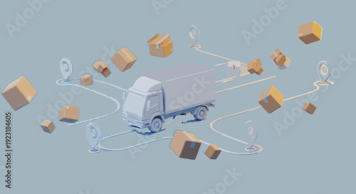 3D rendered logistics icon showing delivery truck connected to several destination pins by curved path lines, packages suspended in motion, smooth gradient background, modern ecommerce delivery.